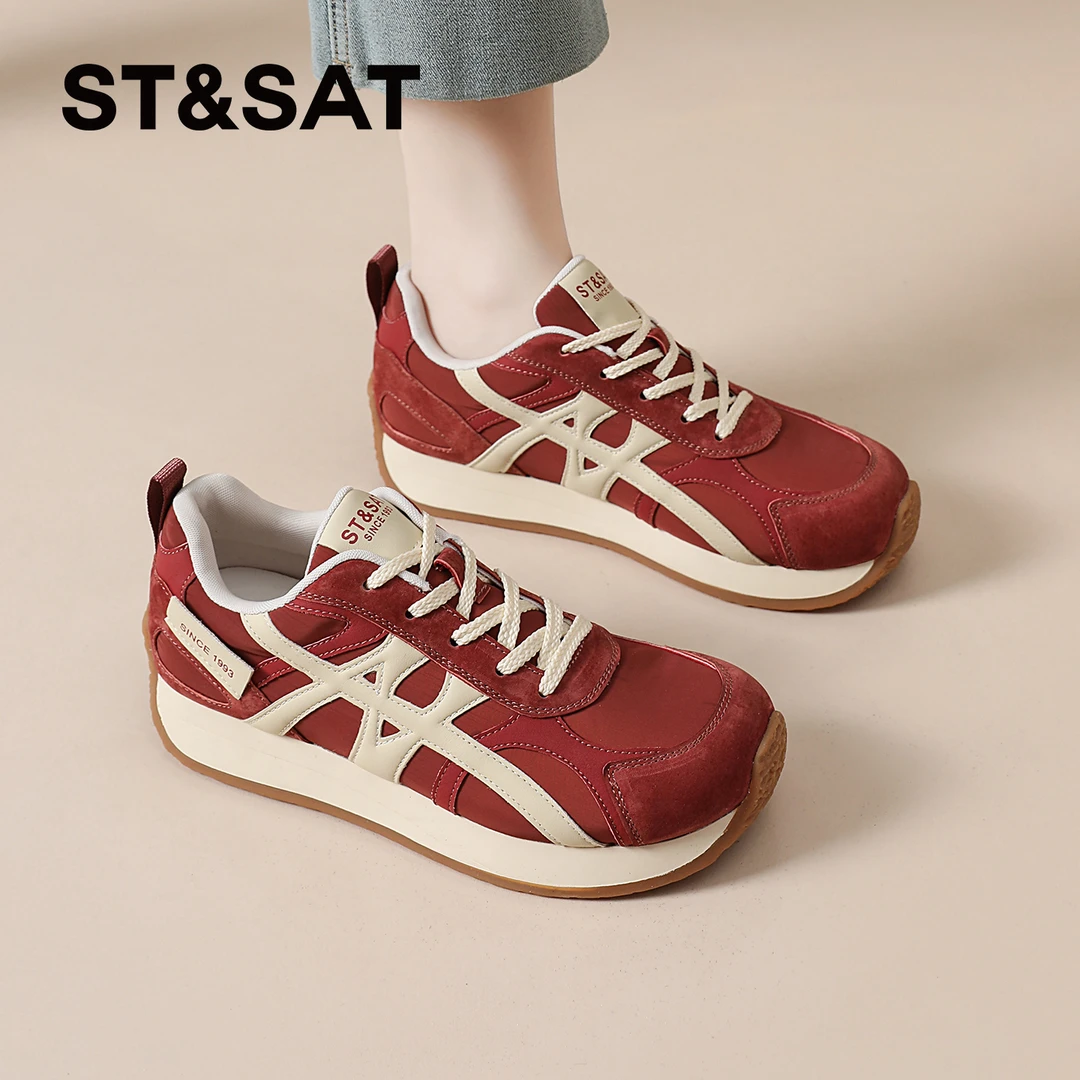 星期六德训鞋女2025秋冬季新款复古红色阿甘鞋厚底休闲运动鞋女鞋