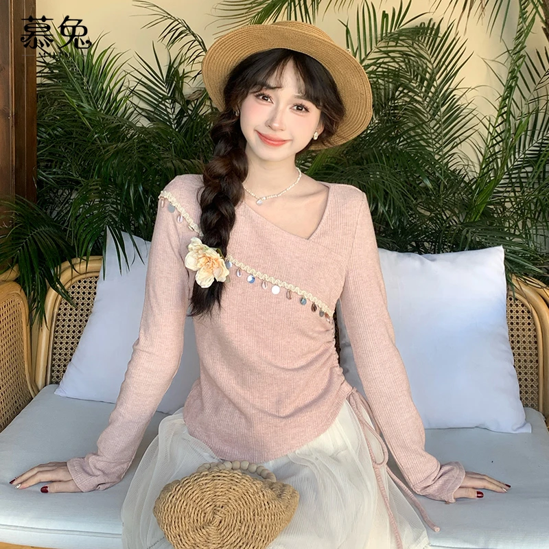 【粉丝专属】TU24154法式亮片斜领长袖t恤设计感小众收腰显瘦上衣