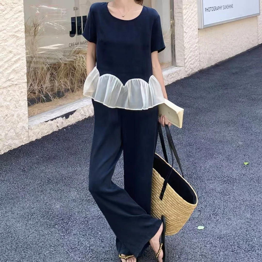 2025夏季新款韩版时尚圆领拼接荷叶边上衣休闲裤洋气两件套装