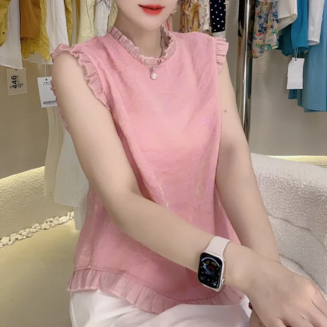 夏季纯色无袖圆领拼接常规型常规衬衫女装复古百搭显瘦上衣