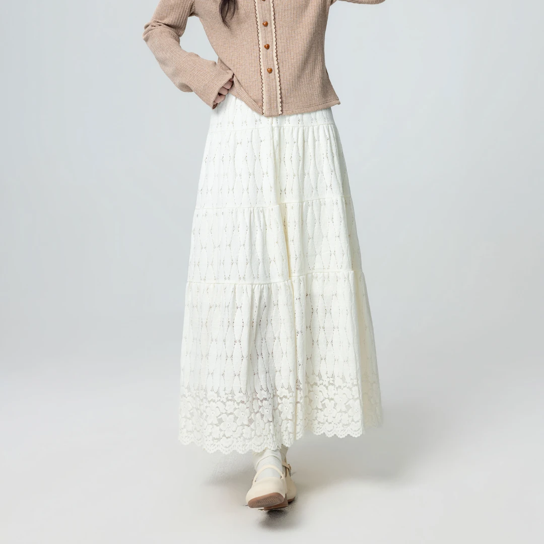 米白色蕾丝半身裙女秋冬2025秋季新款高腰显瘦a字伞裙中长款裙子