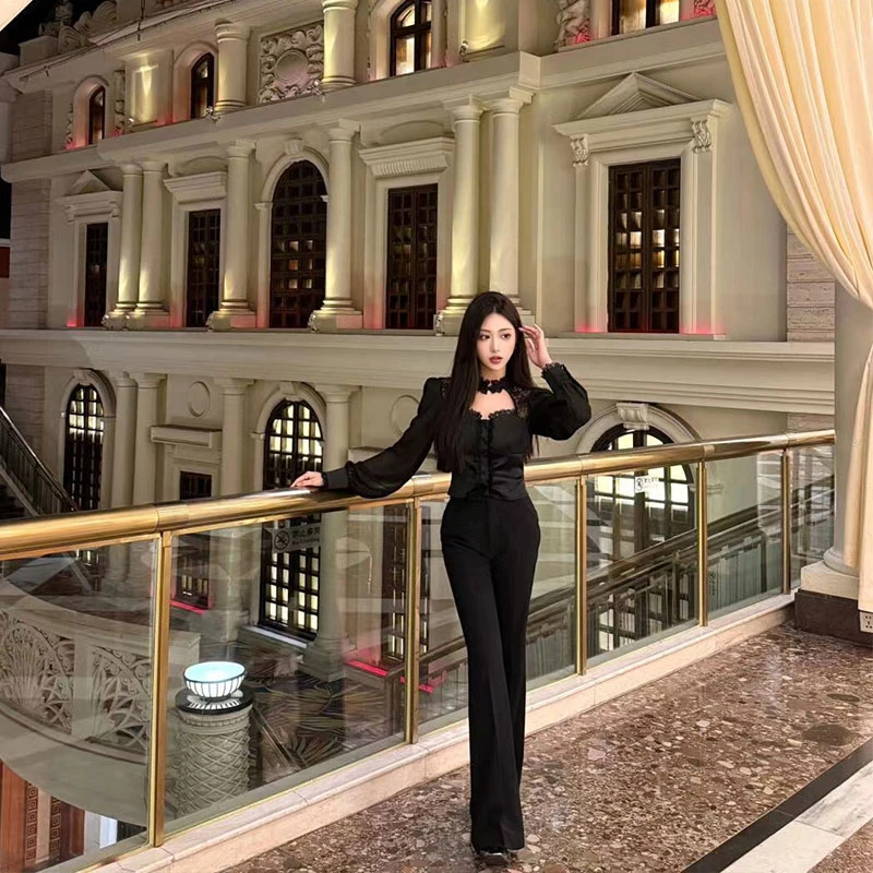 名媛气质纯欲风性感挂脖蕾丝花边收腰衬衫女高腰长款裤子时尚套装