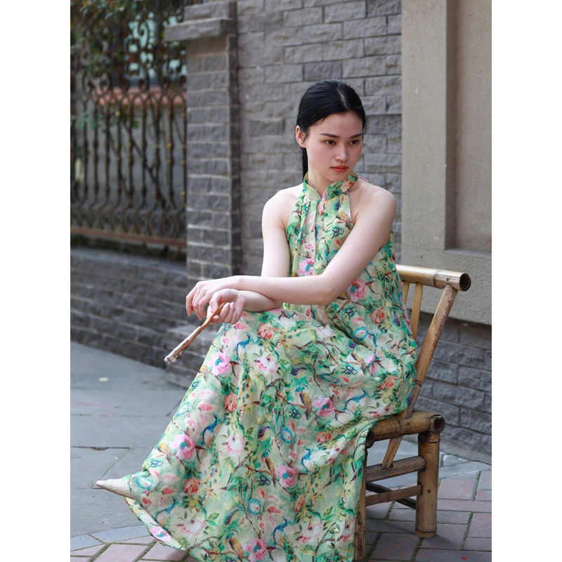 【羿尘】新中式立领夏女挂脖桑蚕丝麻碎花雅气质无袖浪漫时尚连衣裙