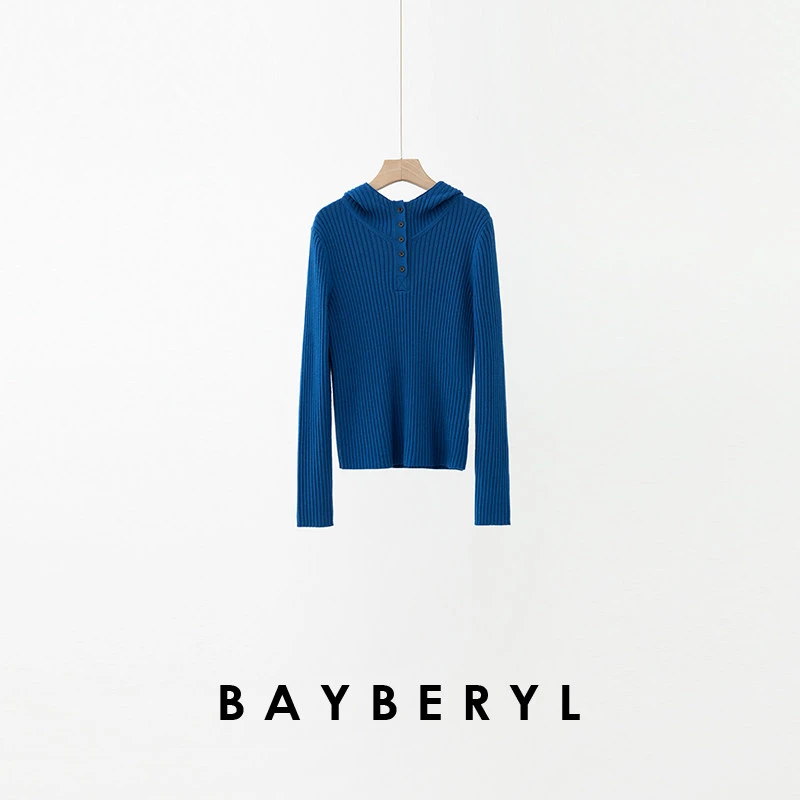 FF-BAYBERYL老贝竖坑条显瘦连帽时尚百搭羊毛秋针织衫ZZS5G2403