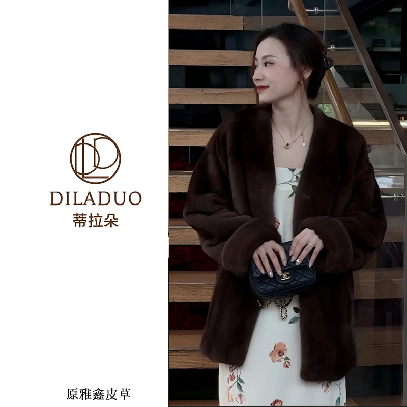 水貂海宁皮草进口短二水貂女外套V领挽袖貂皮大衣女外套皮草大衣
