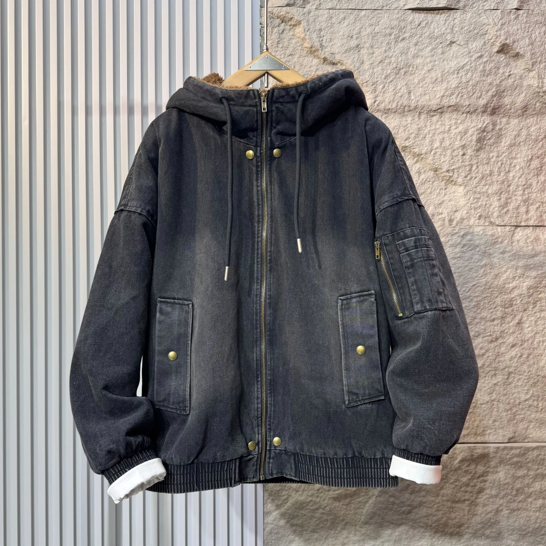 美式复古羊羔绒牛仔外套冬季新款潮牌宽松痞帅加绒加厚连帽牛仔衣