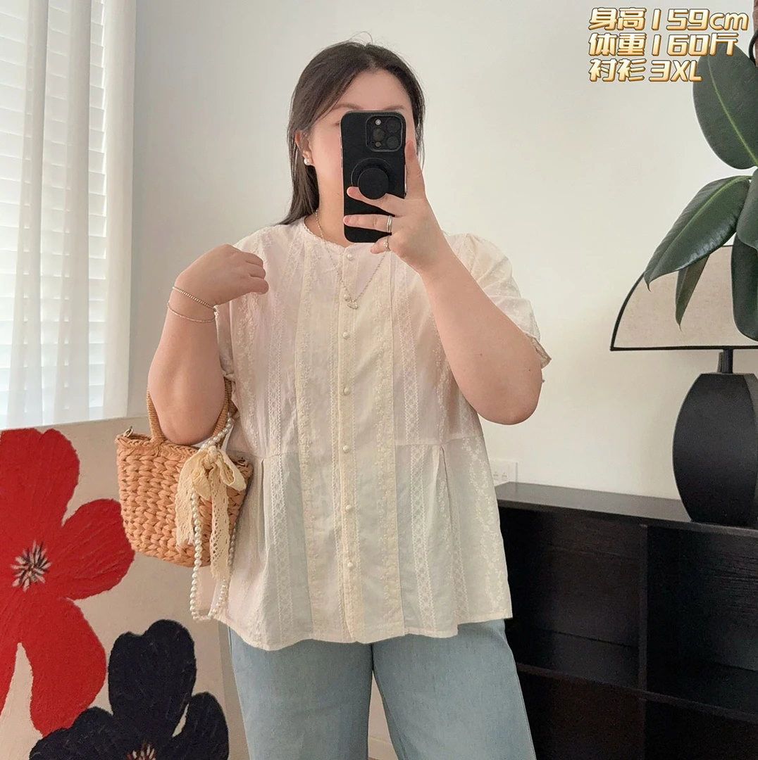 福福大码女装 正肩纯棉短袖蕾丝衫娃娃衫 宽松显瘦刺绣衬衫小衫