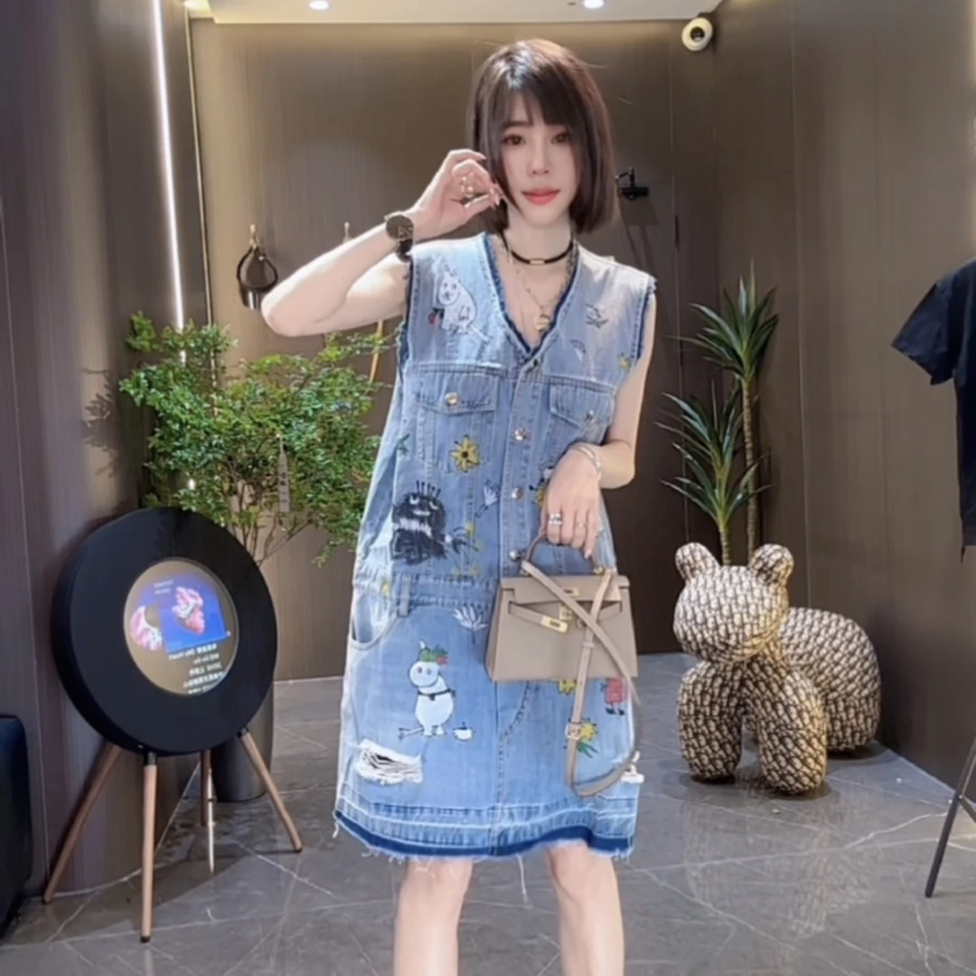 MMD欧洲站夏季新款时尚V领无袖收腰显瘦牛仔连衣裙女A373-1