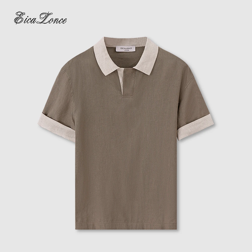 意卡伦萨 100%纯亚麻男士夏季老钱风休闲透气撞色翻领短袖SM61220