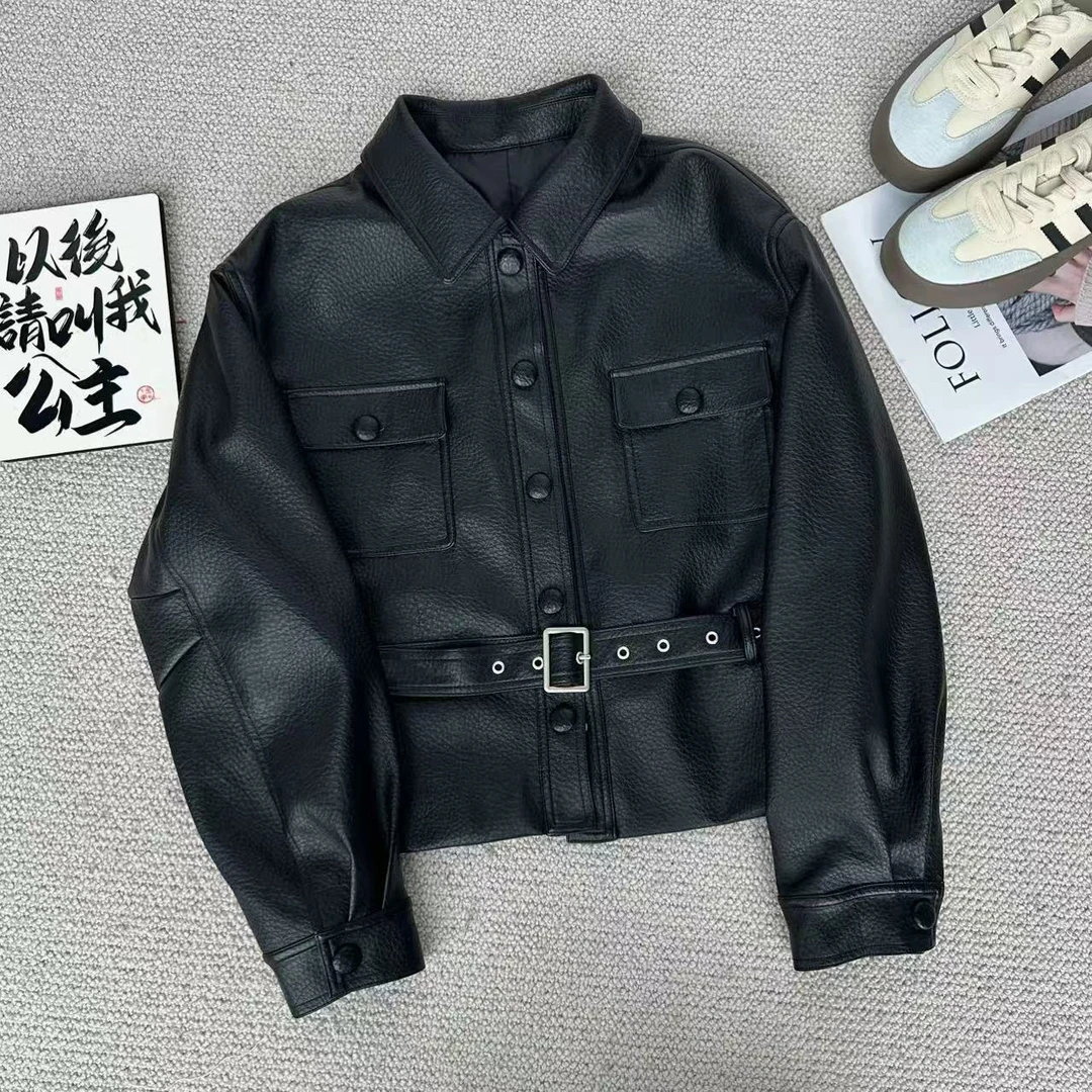 ［巧巧定制］新款百搭修身欧货时尚圆领宽松显瘦短款PU皮衣外套6145