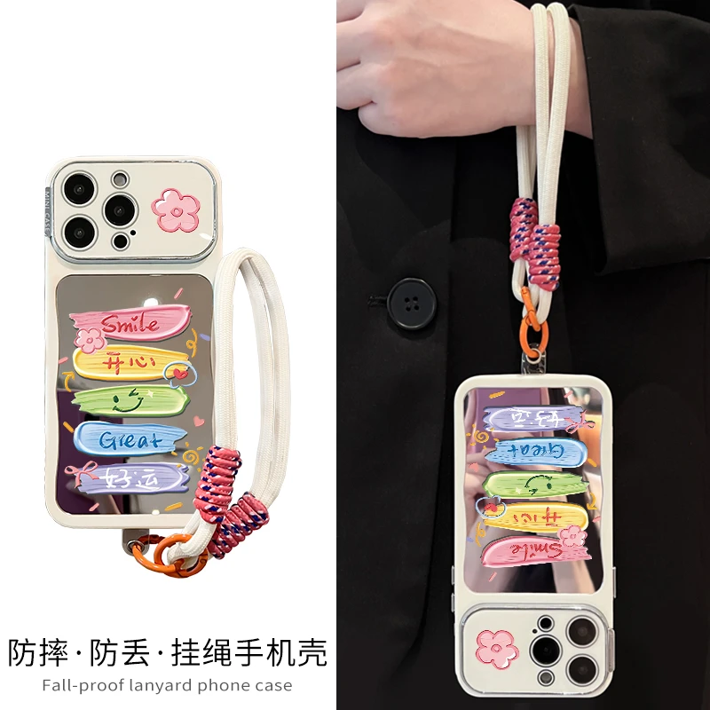 适用苹果16promax手机壳iPhone17镜面镜子15卡通大视窗带挂绳网红