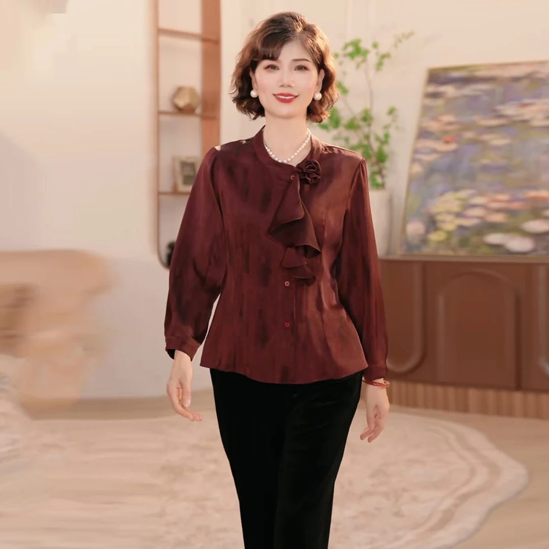 洋气妈妈装长袖衬衫女2025秋季新款中老年女装减龄显瘦上衣套装