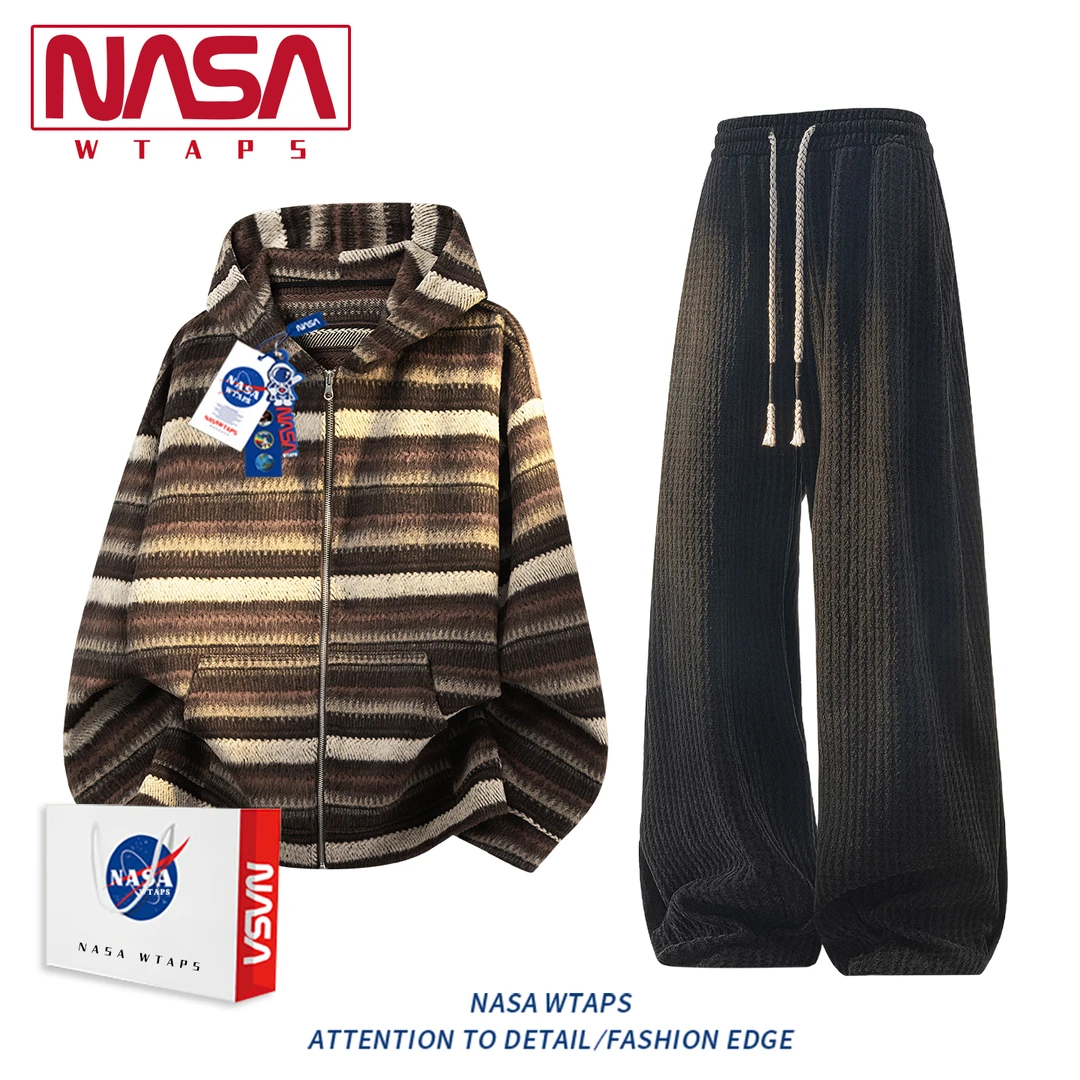 NASA WTAPSS美式毛呢条纹连帽卫衣套装男春秋季潮宽松休闲两件套