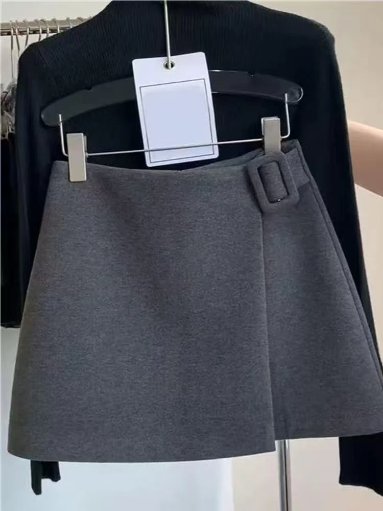 毛呢不规则短裙女秋冬款侧面腰带设计感高腰显瘦防走光A字半身裙