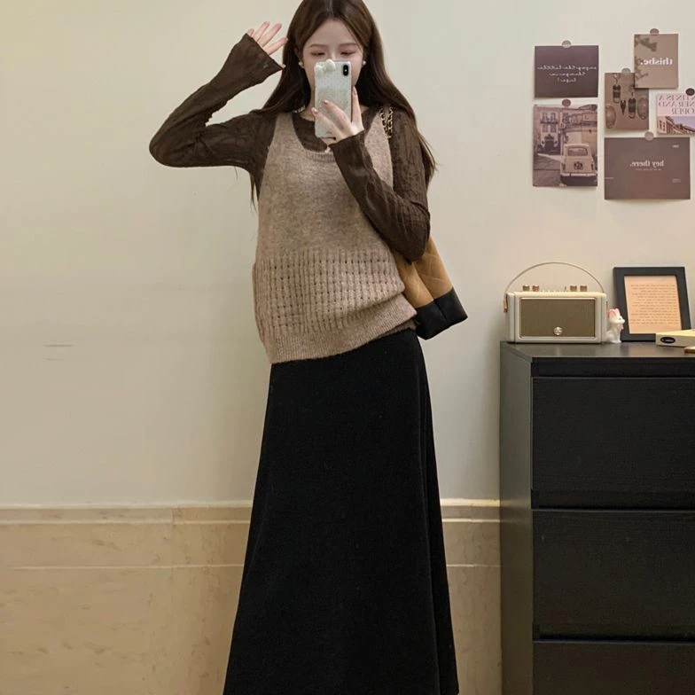 胖颖专属大码冬季新款毛衣马甲+蕾丝打底衫+半裙时尚三件套507