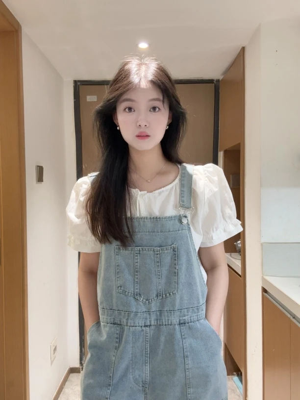 Nideaxi韩版背带裤女长裤高腰水洗牛仔裤阔腿夏季时尚显瘦