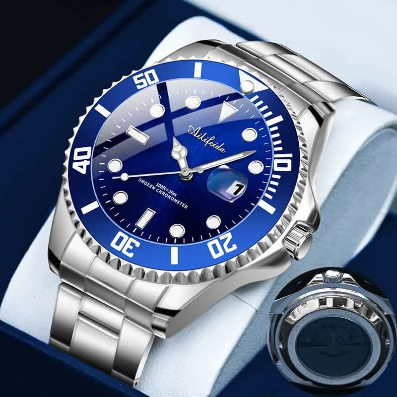 经典蓝水鬼手表男士大背透夜显防水日历潮流时尚腕表-H