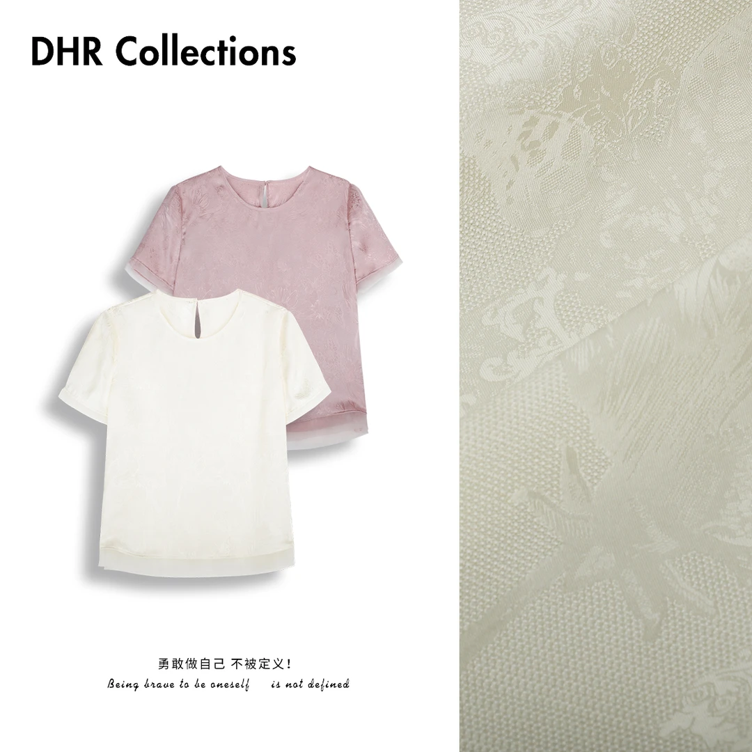 豆豆6 粉金鎏光人丝提花拼接短袖T恤圆领休闲千金风上衣-DX1532
