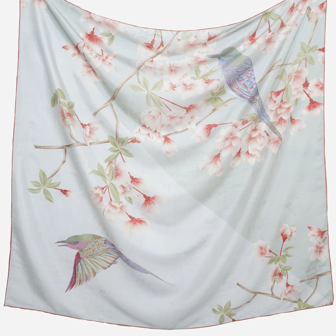 suluo/苏罗海棠春雀|苏罗方巾花罗桑蚕丝披肩花罗丝巾百搭围巾