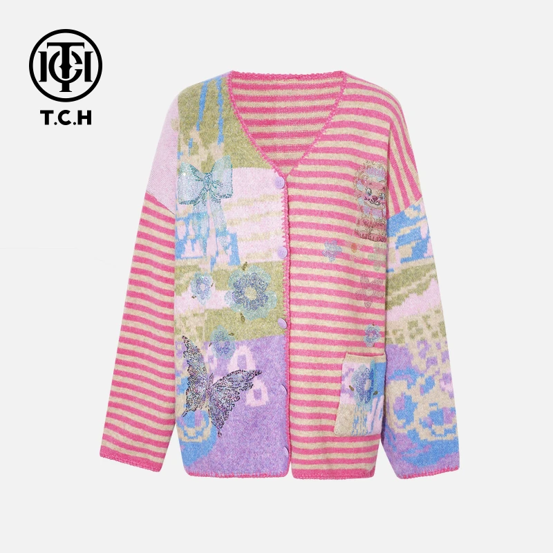 TCH私服冬款慵懒风烫钻时尚淑女粉色针织开衫T75D43E1036轻奢tch