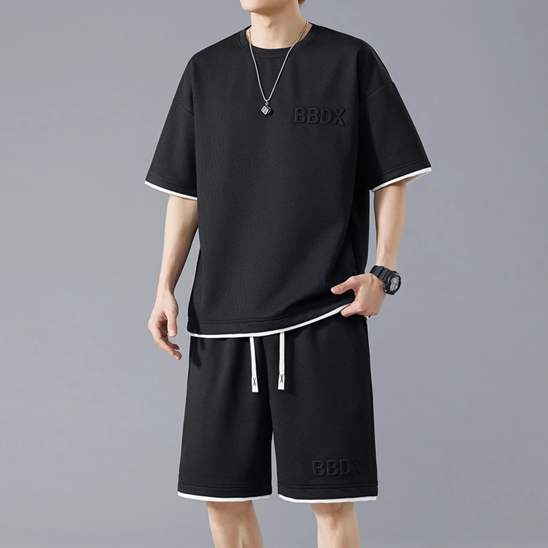 男士夏季显瘦套装华夫格夏季大码休闲短袖潮流套装男生百搭帅气