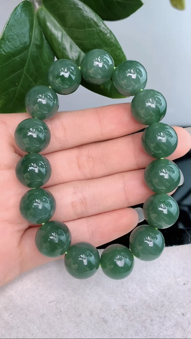 天然翡翠A货冰润满绿满色绿色大颗圆珠手串手链卡14.5mm缅甸玉石