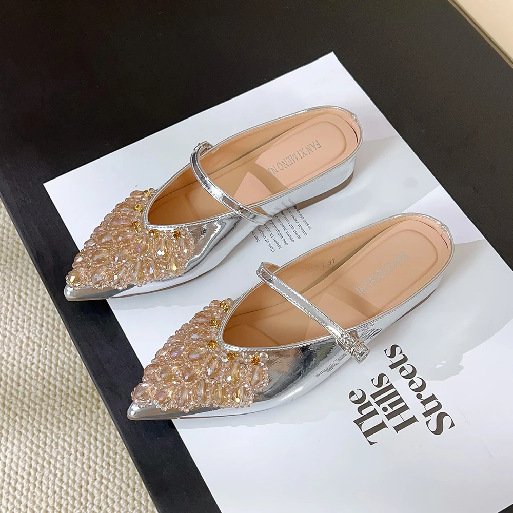 「波光粼粼」厚底包头半拖女外穿时尚2025夏季百搭尖头水钻凉鞋