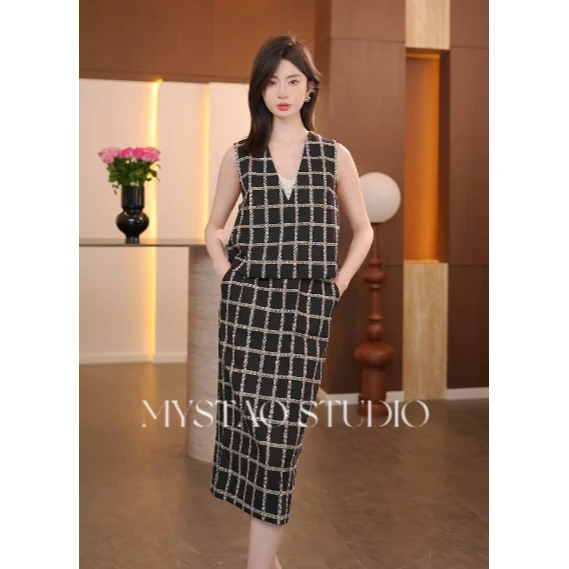 MYSTAO原创高定【黑金派对】法式小香风粗花呢编制套装052O0214