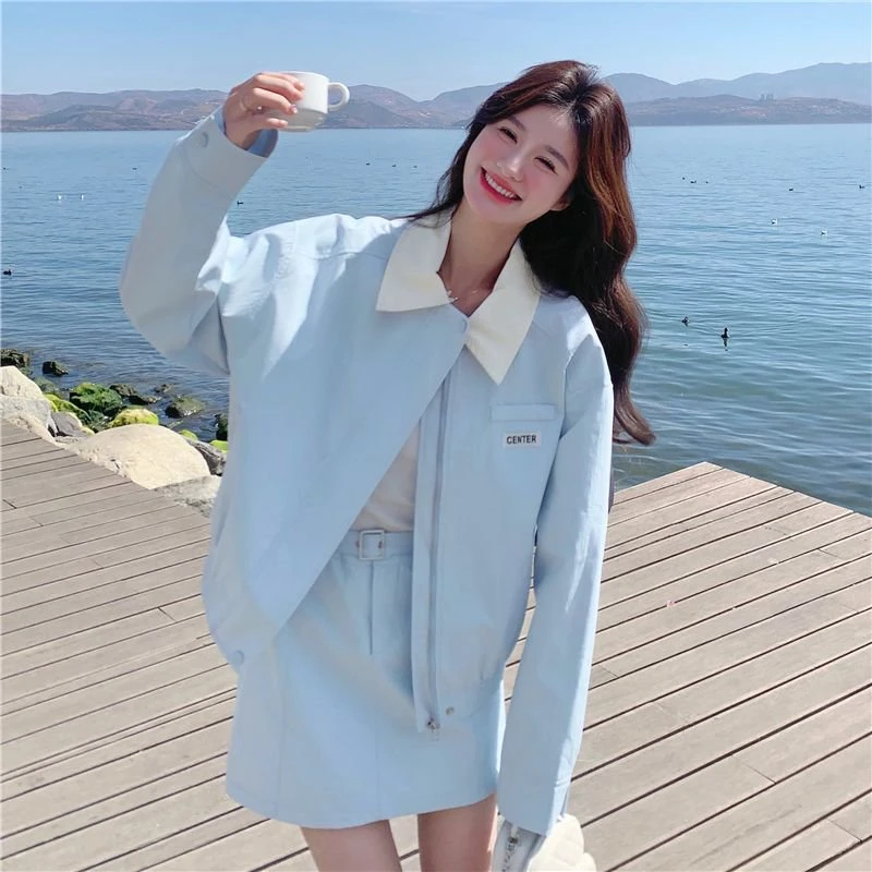 蓝色休闲薄款外套半身裙套装两件套女2025春季新款开春穿搭一整套