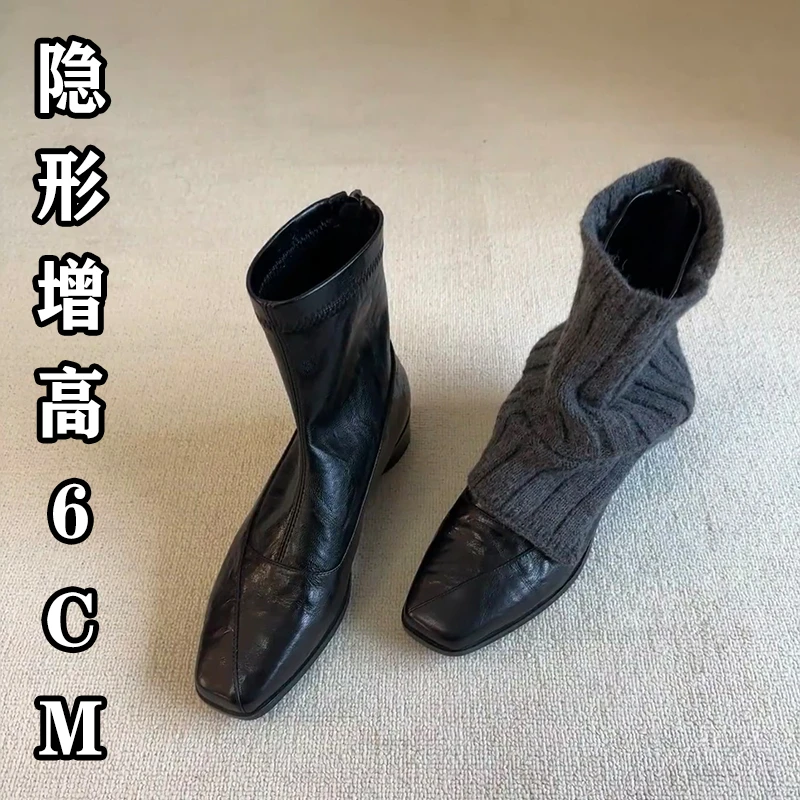增高6cm短靴女2025年新款气质方头软底舒适平底瘦瘦靴女时尚