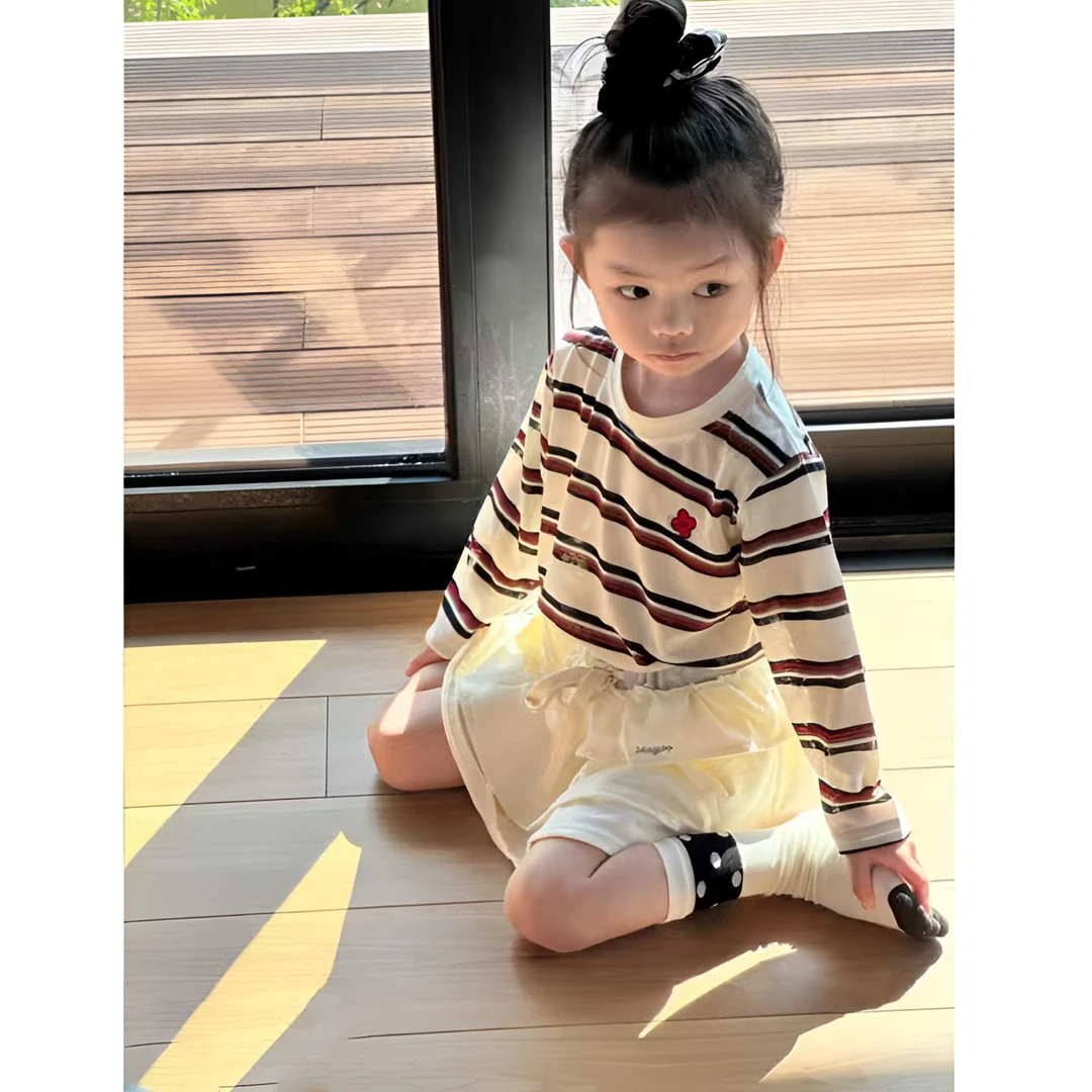 壹妈韩版童装女童秋季套装洋气儿童时髦条纹t恤上衣半身裙两件套