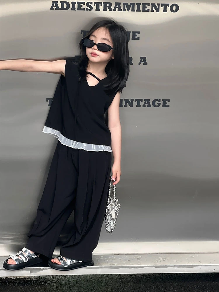 【语汐定制】2025女童夏季新款韩版蕾丝边无袖气质长裤套10588