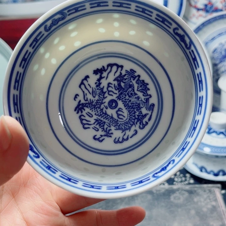 青花玲珑4.5寸小饭碗龙纹