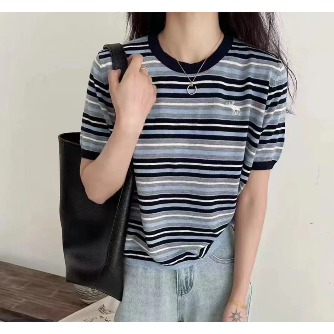 【坦姐严选 实体品质】简约宽松条纹短袖夏季休闲百搭圆领上衣7889