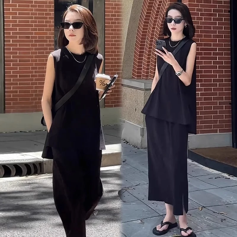 拉夏贝尔时尚套装裙女夏季新款洋气质显瘦无袖背心半身裙两件套潮