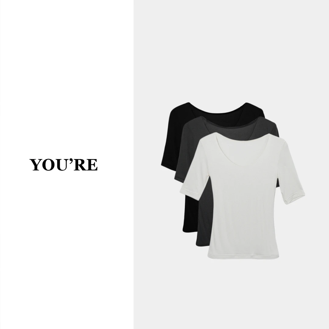 《YOU'RE 》海外订单高品蚕丝弹力抗皱舒适感鸡心领T恤YR8733