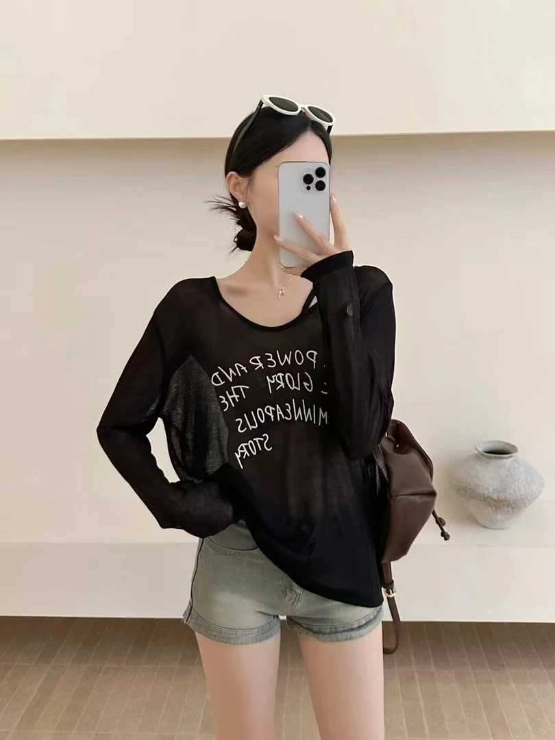 薄款夏季时尚长袖字母上衣宽松慵懒风防晒