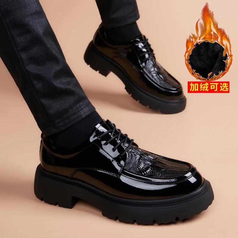 韩版皮鞋商务正装英伦男士休闲鞋青年时尚百搭厚底亮皮增高男鞋