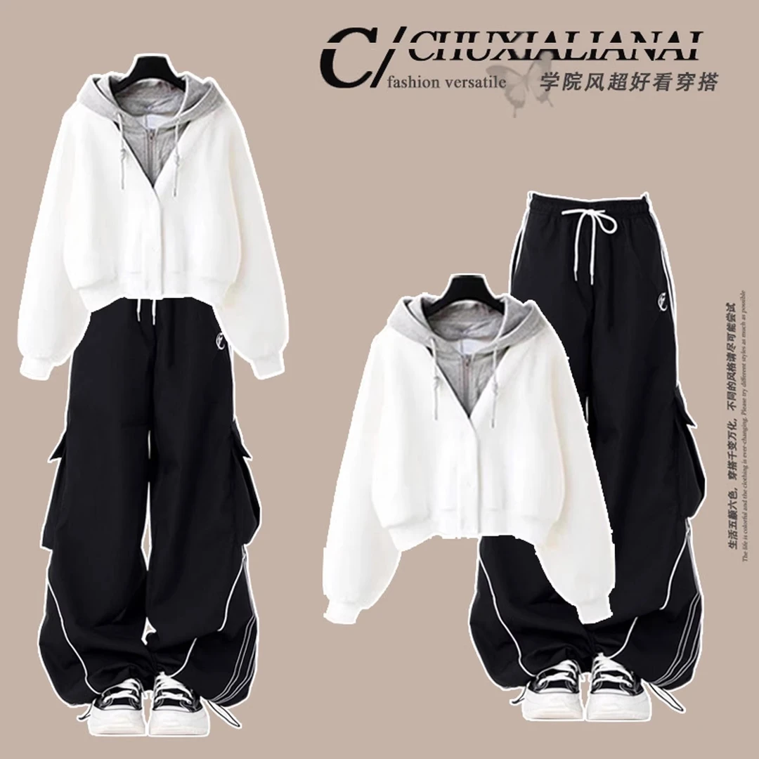 春秋大童少女初中生秋冬套装10-18岁少女假两件卫衣工装裤两件套