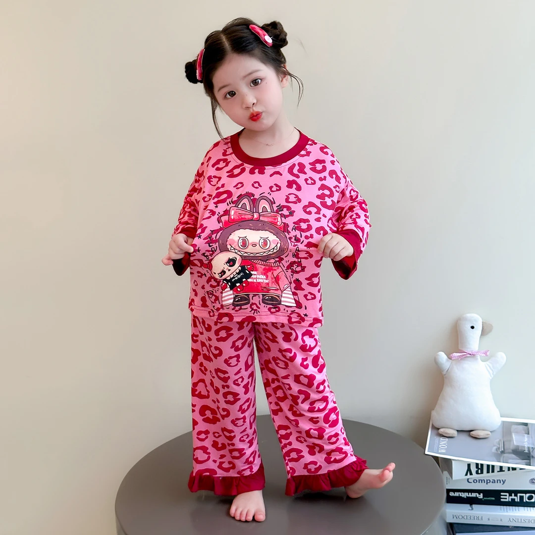 豹纹拉布布女童睡衣夏季薄款莫代尔女孩空调服长袖套装儿童家居服