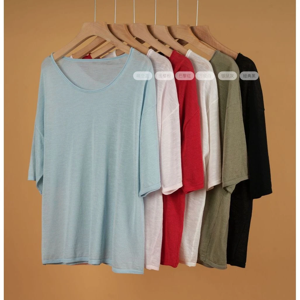 透气干爽亚麻卷边懒人针织打底短袖T bk21