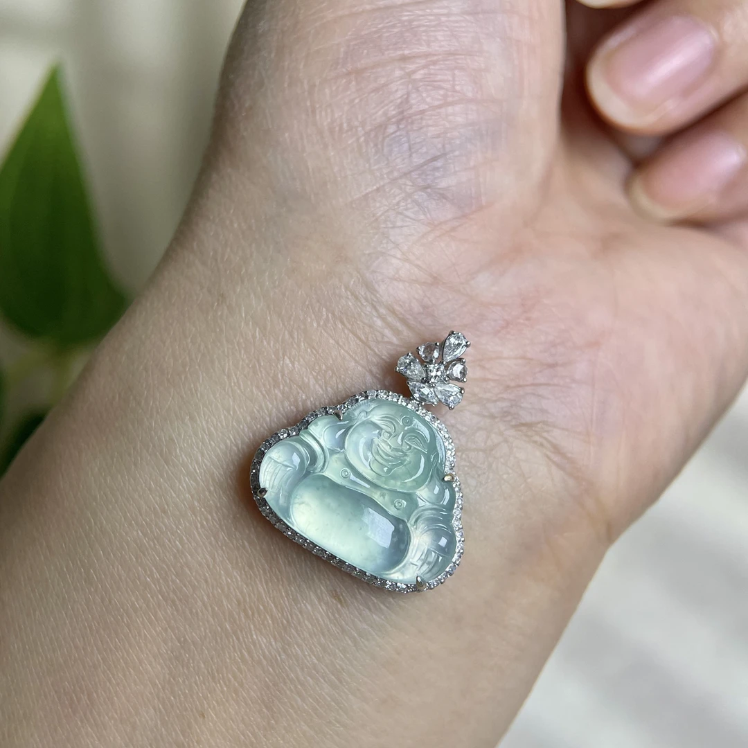 天然A货翡翠高冰种佛公吊坠18k金南非真钻镶嵌项链气质精美款