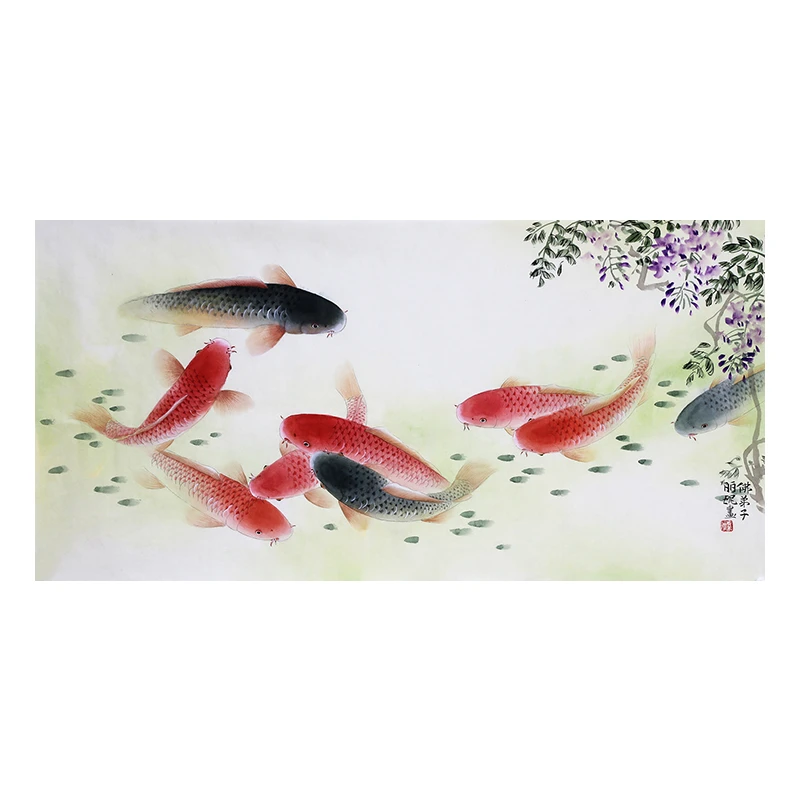 墨华斋 梁安妮136x68cm无框 多款工笔国画手绘作品花鸟字画九鱼图