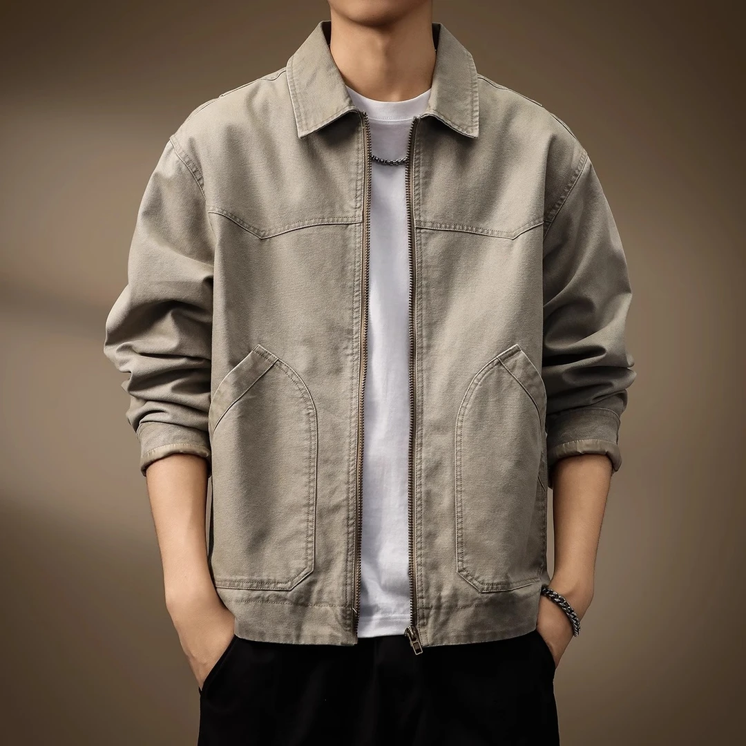 潮龛高端美式重磅帆布复古夹克男春秋新款拼接做旧水洗机车外套男