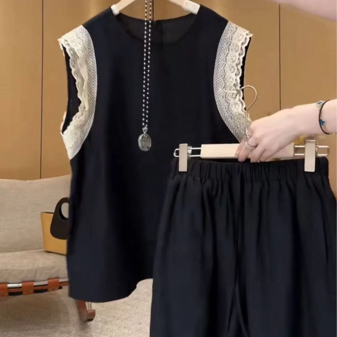 【天丝亚麻双层蕾丝夏季新款】赫本风背心短裤套装-0108