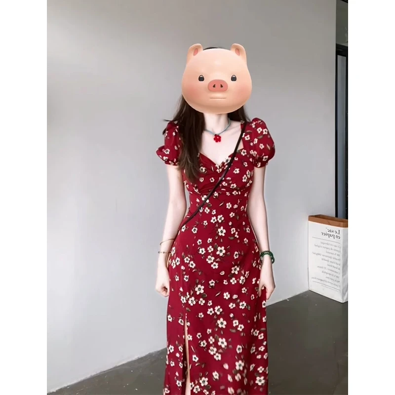 短袖连衣裙女2025夏季新款法式气质泡泡袖碎花收腰中长款开叉裙子