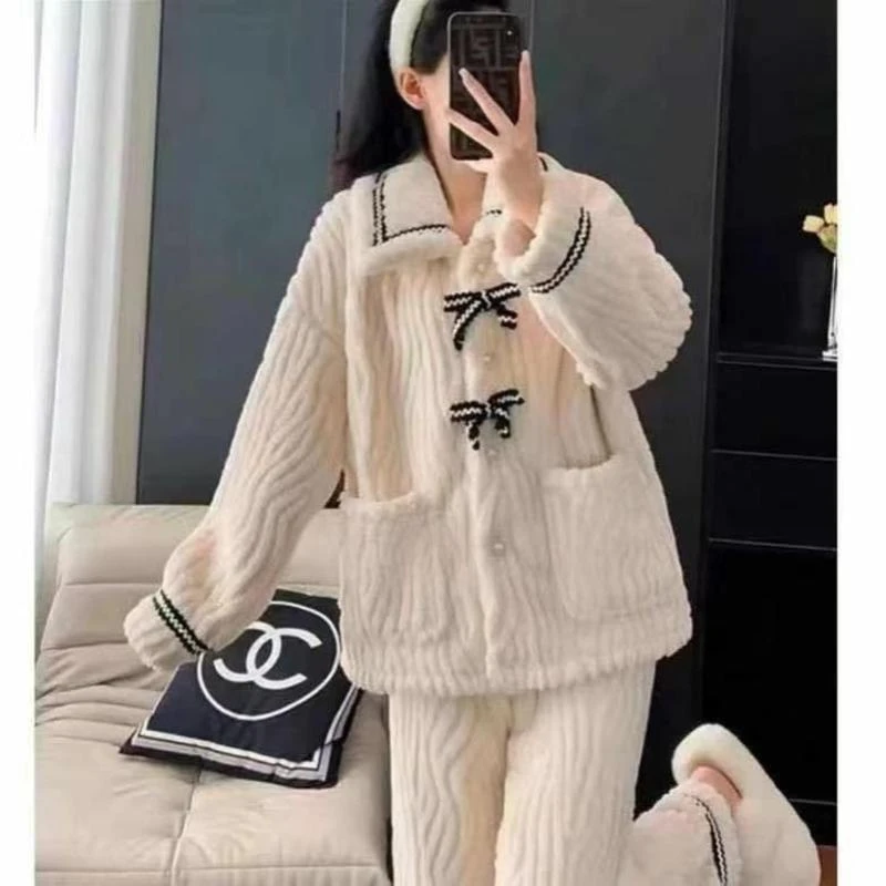 w蝴蝶结珊瑚绒睡衣秋冬公主风长袖长裤家居服小香风甜美保暖套装