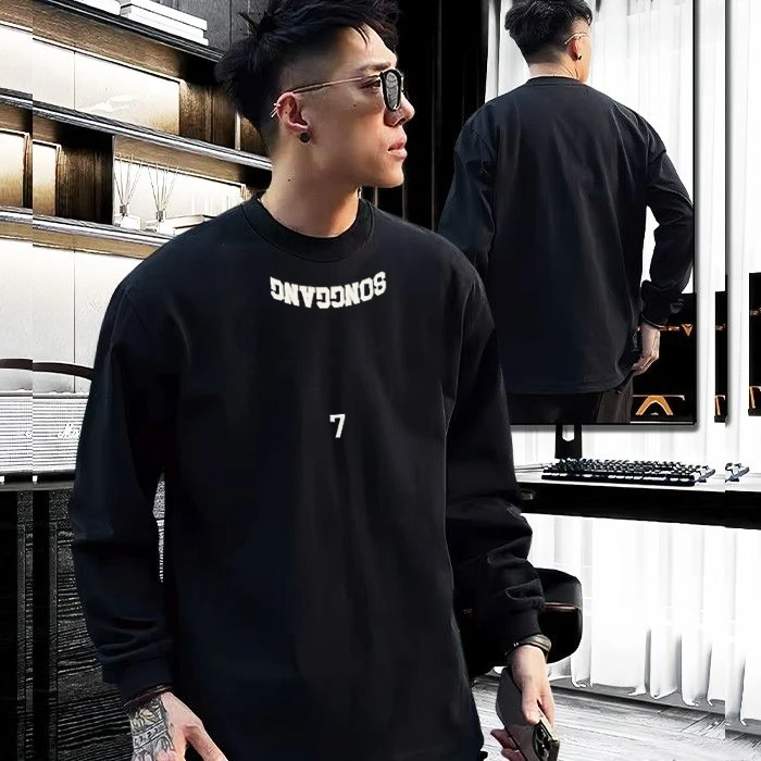 特大码300斤秋冬季新款重磅长袖T恤男设计图印花休闲圆领内搭上衣