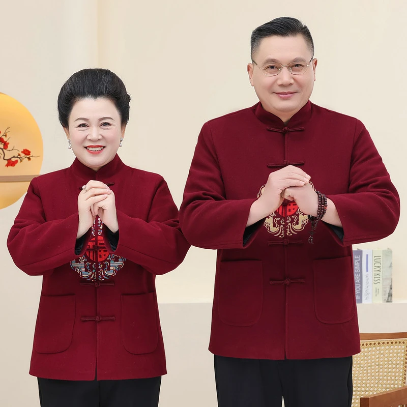 新款毛呢唐装棉衣男女款爷爷奶奶秋季情侣装加绒加厚过寿生日礼服