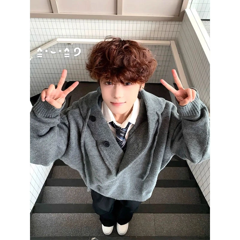 美式半开衫连帽针织衫男款秋季宽松韩系慵懒风毛衣松弛感休闲外套